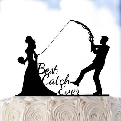 Best Catch Ever - Acryl Cake Topper Figuren für Hochzeitstorte | Schwarz Angel Topper | Lustiger Tortenstecker Hochzeit