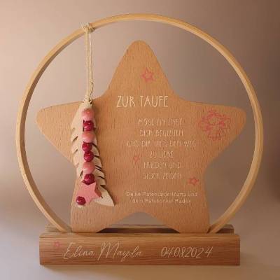 personalisierter Stern als Geschenk zur Geburt oder Taufgeschenk | Taufdeko mit Schutzengel | Holzstern + Taufspruch