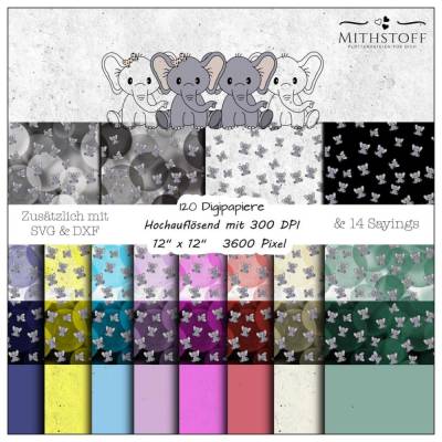 Riesiges Digipapierset Elefantenkinder - 120 Papiere & 12 Sayings - Mithstoff - PNG - DXF - SVG