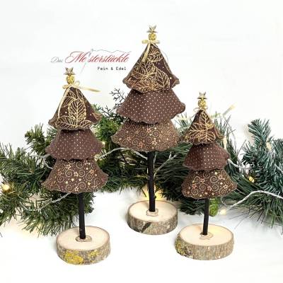 Weihnachtsbäumchen mit Holzsockel braun gold – Handgemachte Weihnachtsdeko in 3 Größen