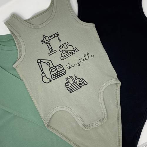 Schwarzes Bügelbild Baustellen-Aufdruck zum Selbstaufbügeln auf Kleidung für Kinderbodys und Kinder-T-Shirts, Kran,
