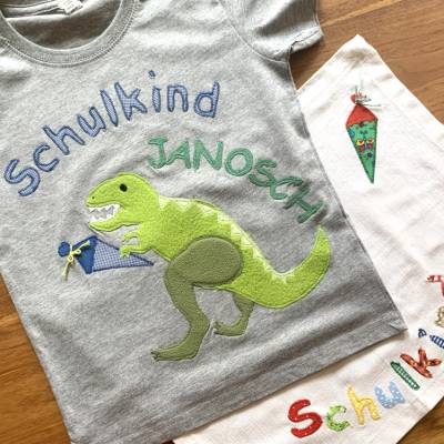 EinschulungsShirt, T-Shirt, Schulanfänger, T-REX/Dino, Applikation, 1.Schultag, personalisierbar, versch. Far