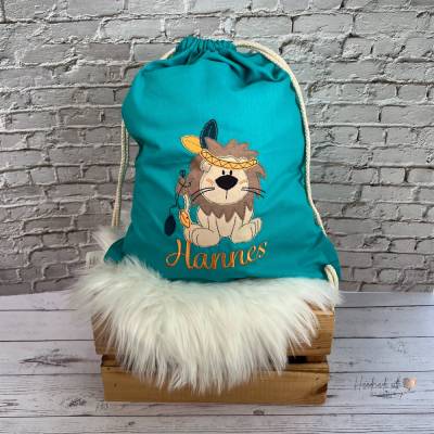 Stoffbeutel mit Boho Löwe und Namen bestickt | personalisierter Turnbeutel Kind | Kindergartentasche Wechselkleidung 