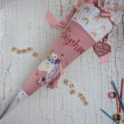 Personalisierte Schultüte Einhorn aus Stoff – Handgemacht mit Namen & Wunschfarben, 70 cm