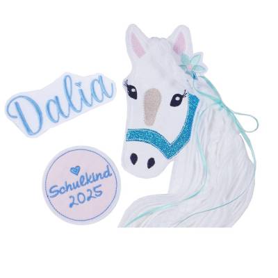 3D Pferde Applikation Aufnäher Schultüte Pony mit Glitzerstoff, Wollmähne & Name – Set 3-teilig Handmade