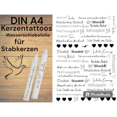 Trauer | Kerzentattoos Kerzenfolie Wasserschiebefolie DINA4 | Beileid Tod | Kerzen zum selbst verzieren | Stabkerze