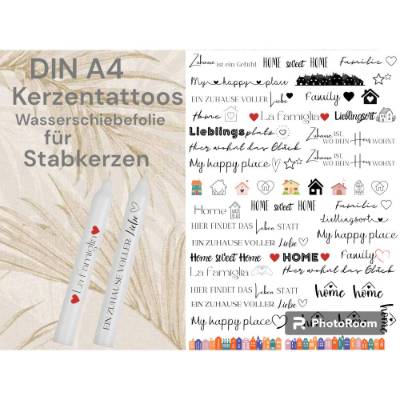 Zuhause | Home | Kerzentattoos Kerzenfolie Wasserschiebefolie DINA4 | Kerzen zum selbst verzieren | Stabkerzen