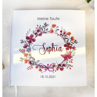 personalisiertes Gästebuch zur Taufe mit Blumenkranz aus Sommerblumen blanko o. mit Fragen / Fragebogen Beere