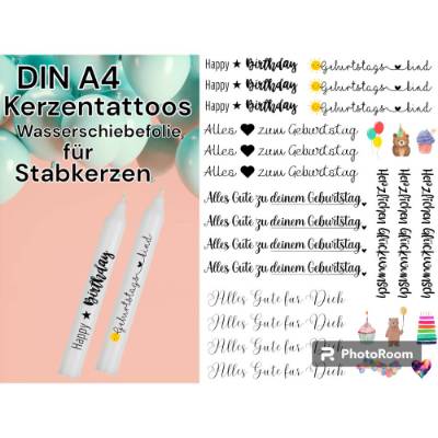 Geburtstag 2 | Kerzentattoos Kerzenfolie Wasserschiebefolie DINA4 | Stabkerzen | Kerzen zum selbst verzieren