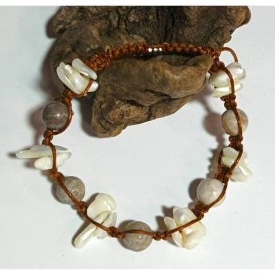 Edelstein Armband Fossil Koralle & Perlmutt sand beige handgemacht Unikat Herren Damen Zugarmband
