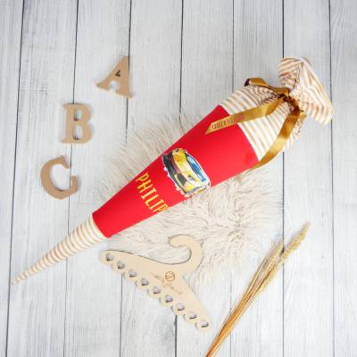 Schultüte Stoff Rennwagen Lamborghini Gold Rot 70cm 85cm   *personalisierbar und mit Kisseninlet