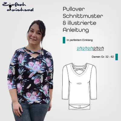 PDF Schnittmuster Damen Pullover Größe 32-62 mit optionalem Fake Blusensaum und interessantem Halsausschnitt