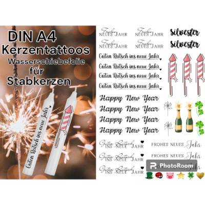 Silvester Neujahr | Kerzentattoos Kerzenfolie Wasserschiebefolie DINA4 | Stabkerzen | Kerzen zum selbst verzieren