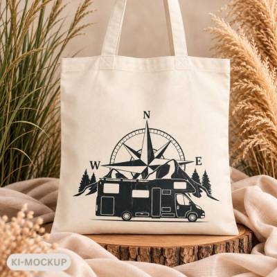 Stoffbeutel Wohnmobil & Kompass – Baumwolltasche Camping – Camper Tasche mit Bergen – Geschenk für Wohnmobil Fans