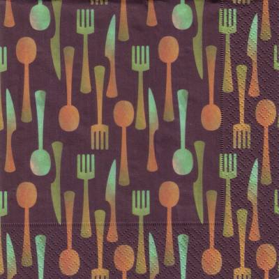 Lunchservietten Besteck, im 60er Jahre Design, stilisiert mit Messer Gabel Löffel, Bunt auf Aubergine