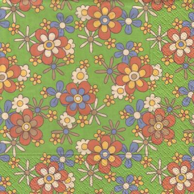 Lunchservietten Flower-Power Gänseblümchen, mit kleinen und großen Retroblumen, Streublüten auf Grün