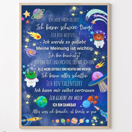 Kinderzimmer Poster Weltraum und Planetensystem mit 14 positiven Kraftsätzen, Mutmach Bild, Affirmationsposter Kinder Gl