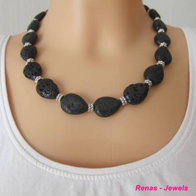 Edelstein Kette Lava Tropfen Perlen Schwarz Silberfarben Collier Unikat Lavakette