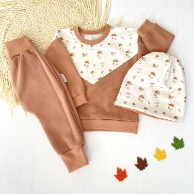 Pumphose + Sweater + Beanie Größe 86  Pilze Waffeljersey Herbst
