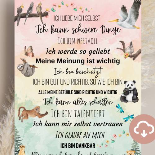 Affirmationsposter Kinder mit Tiermotiven zum Eigendruck (Digitaler Download PDF)