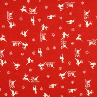 Weihnachtsstoff Baumwolle Popeline Rentier m. Schlitten  rot-weiß (1m/10,-€)