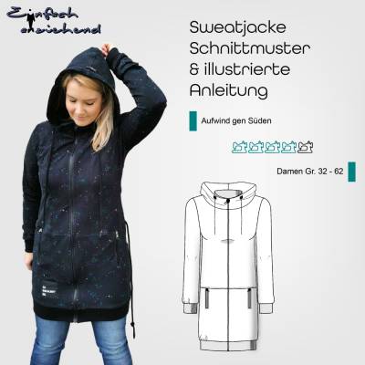 PDF Schnittmuster Damen Sweat Jacke Größen 32-62 lang, mit Reißverschluss oder als Cardigan, Kapuze, 2 Taschen