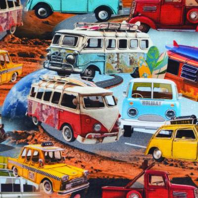 ♕ Deko Baumwollstoff Canvas bunt mit VW Bus Bulli Ente Oldies 50 x 150 cm Nähen ♕
