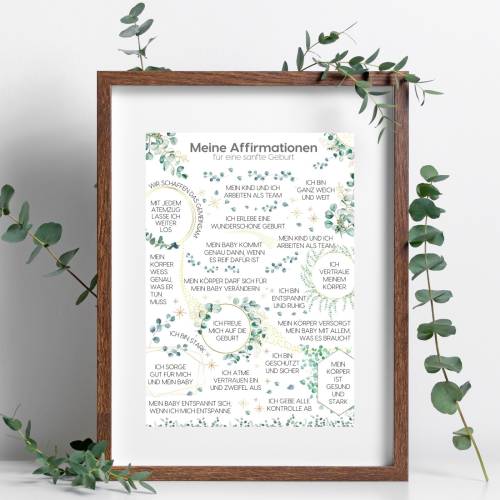 Affirmationsposter Geburt und Schwangerschaft, Hebammenposter positive Glaubenssätze natürliche Geburt, Hypnobirthing Af