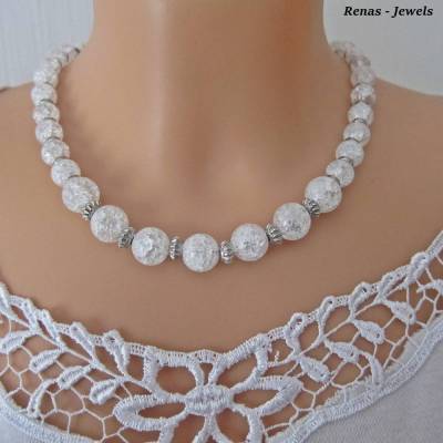 Bergkristallkette Edelsteinkette kurz Bergkristall Perlen weiß silberfarben Edelstein Kette Collier