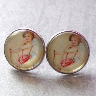 Engel  Cabochon Ohrstecker 18 mm  Edelstahl Rund Schutzengel 