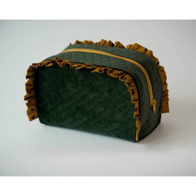 Kleine samtene Damen Kosmetiktasche mit süßen Rüschen. Mossgrün und Senfgelb. Geschenk für Freunde, für persönliche Klei