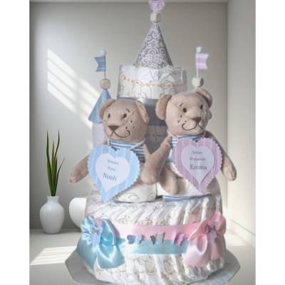 Zwillinge Windeltorte Windelschloss personalisiert Mädchen Junge mit Namen & Kuschelbärchen