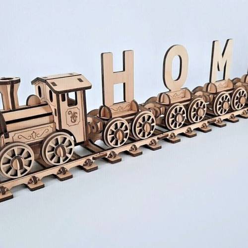 Buchstabenzug zum selber zusammenstellen Eisenbahn Holz Zug Namenszug Lokomotive Waggon Gleis Deko Zug