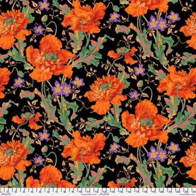 Patchworkstoff Kaffe Fassett PWPJ127 ORANGE – Schwarzer Baumwollstoff mit Mohnblüten, 110cm breit