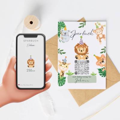 Geldgeschenk zum Geburtstag | Personalisiert | Digitales Sparbuch | QrCode Geschenkkarte | Party Löwe