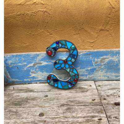 Hausnummer Mosaik in Türkis- und Blautönen, Ziffern 0-9, frostfest