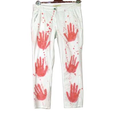 Halloween Damen Hose Größe 38 weiß rot Hand gefärbt Einzelstück Unikat