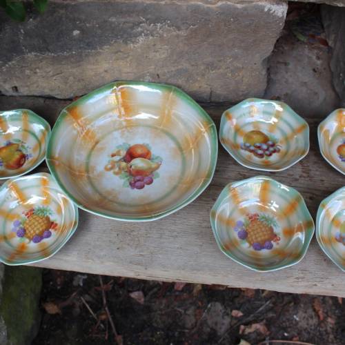 7 tlg Set Schüssel + Dessertschalen Obstdekor Spritzdekor Porzellan 30er 40er Jahre