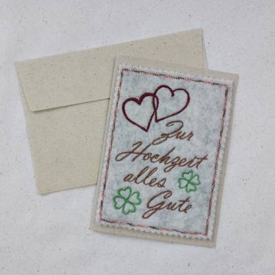Wollfilz meets Graspapier - Grußkarte mit Herzen " Zur Hochzeit alles Gute"