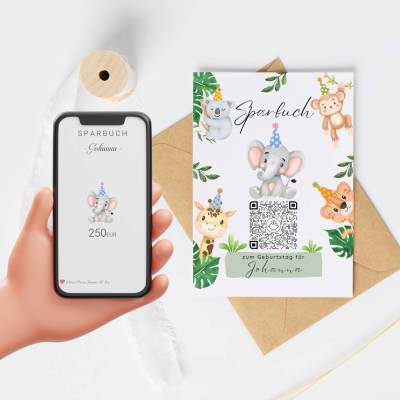 Geldgeschenk zum Geburtstag | Personalisiert | Digitale Spardose | QrCode Geschenkkarte | Party Elefant