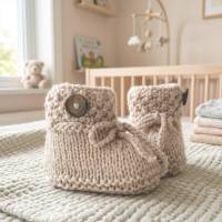 Babyschuhe gestrickt aus Alpaka Wolle – Handarbeit, Naturgarn sand, Geschenk zur Geburt - Strickschuhe Baby, Wollschuhe 3-6 Monate