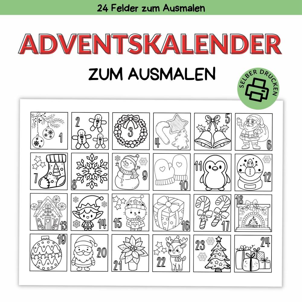 Adventskalender zum Ausmalen für Kinder | Druckvorlage für Weihnachten zum Selberdrucken | Basteln für Kinder | Advent Bild 1