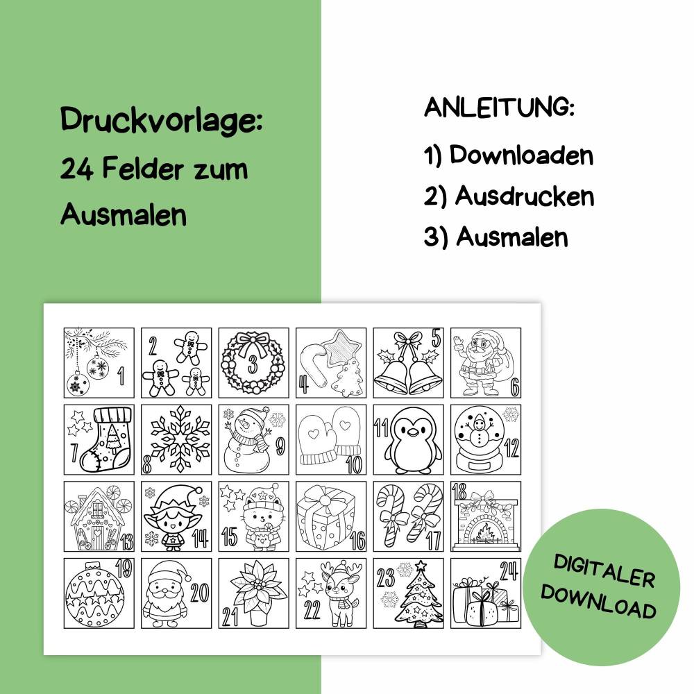 Adventskalender zum Ausmalen für Kinder | Druckvorlage für Weihnachten zum Selberdrucken | Basteln für Kinder | Advent Bild 2
