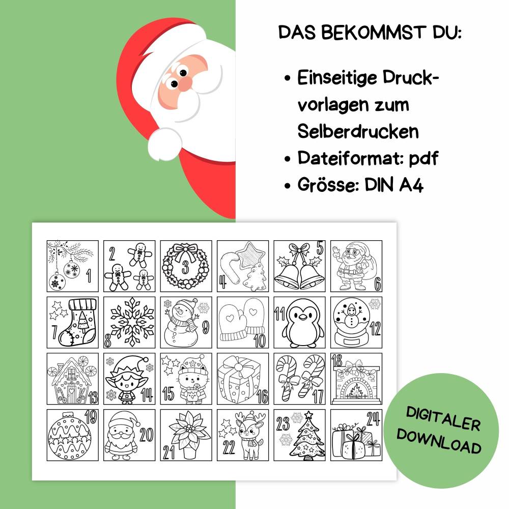 Adventskalender zum Ausmalen für Kinder | Druckvorlage für Weihnachten zum Selberdrucken | Basteln für Kinder | Advent Bild 3