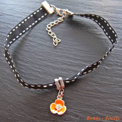 Kinder Choker Kette Mädchen mit Blumen Anhänger in Orange Schwarz Weiß – Halsband Schmuck