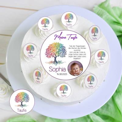Zur Taufe Tortenaufleger aus Esspapier mit 12 Muffins Lebensbaum Tortendeko Photo Tortenbild Name Datum und Vers