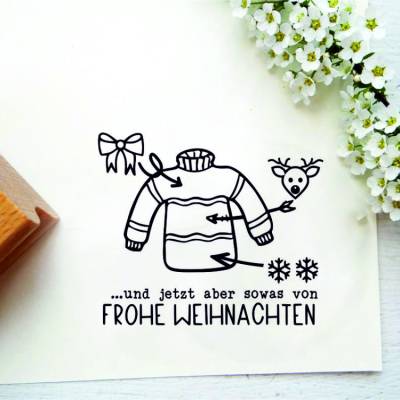 Stempel mit Stempeltext: "Anleitung Ugly Christmas Sweater... und jetzt aber sowas von Frohe Weihnachten"