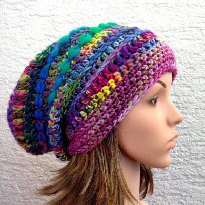 Dicke Merino Wollmütze gehäkelt aus handgefertigten Garnen Gr.M/55-56cm, Damen Wintermütze, Boho Häklmütze