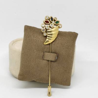 Vintage Tuchnadel Eistüte in Goldfarbe mit Bunte Kristall Stein - Hutnadel vergoldet