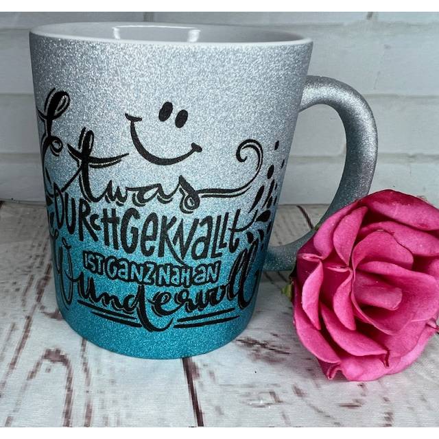Sehr schöne bedruckte Glitzer Tasse, Becher, lustiger Spruch,Geschenk
